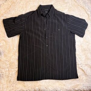 Haggar mens Black Pinstripe Button-Down Shirt large luxury mircofiber